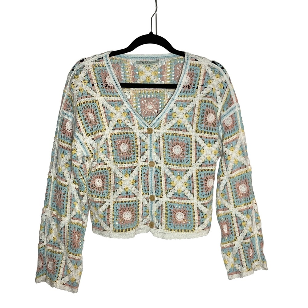 Cleo Petites Pastel Granny Square Crochet Cardigan V-Neck Button Front